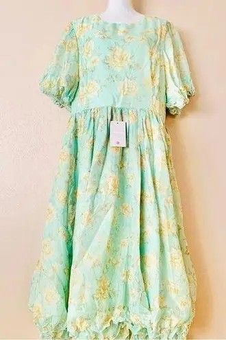 Ivy City Co Mint Green & Yellow Floral Ruffle Flutter Sleeve Dress.