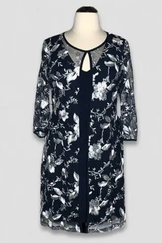 Connected Apparel Dress Floral Embroidered Mesh Jacket Split Front Navy/White 12