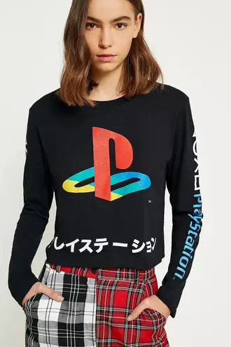 PlayStation Long Sleeve Shirt Multicolor Logo Japanese letters crop y2k vintage