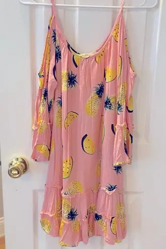 Solitaire New  SWIM Pink&Yellow Pineapple Cold Shoulder Cover Up NWOT Size Small