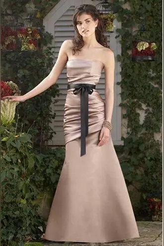 WTOO by Watters & Watters Strapless Champagne with Black Bow Maxi Gown size 2 Tan