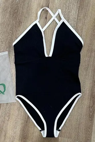 Black and White Halter Swimsuit deep v neck cross