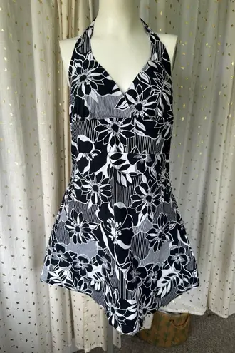 Her Clothes Hawaiian Aloha Tropical Floral Halter Self Tie Side Zip Mini Dress S Black