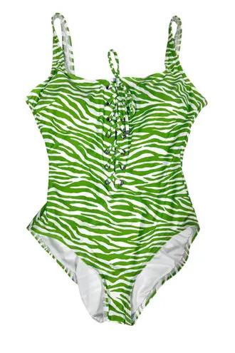 NWT Michael Kors Jungle Green Zebra Lace Up 1 Piece Swimsuit L Slimming Resort Size L - Image 1
