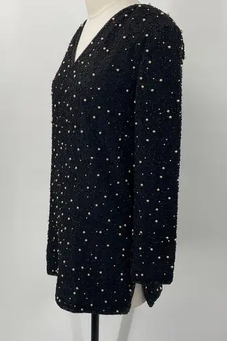 Scala Vintage Beaded Silk Blouse Top Long Sleeve V Neck Black Gold NEW Womens S