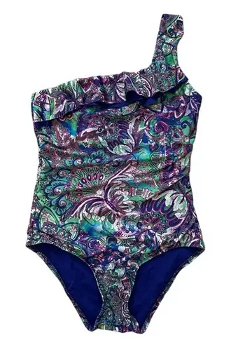 Becca One Shoulder Ruffle Paisley Print Swimsuit One Piece Bathing Suit Medium