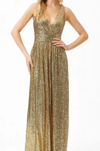 Kate Kasin Bright Gold Sequin Maxi Gown XS Elegant Formal Evening Dress Deep V