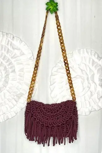 70s Burgundy Crochet Woven Boho Bohemian Bag Purse Tortoiseshell Chain Strap