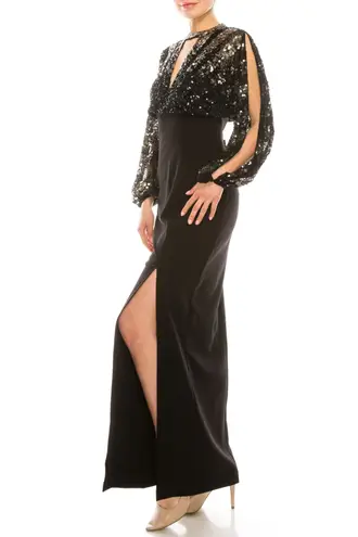 Aidan Mattox NEW WITH TAG Sexy Black Long Split Sleeve And Leg Sequin Gown
