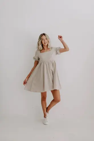 Mod Ref Beige Gingham Puff-Sleeve Mini Dress