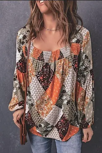 NEW Patchwork Print Mixed Boho Floral Tunic Length Lantern Sleeve Blouse