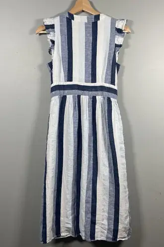 Point Sur J Crew Blue Striped Linen Front Button Blue Summer Midi Dress Size 4P