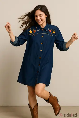 Vintage Western Country Cowgirl 80s Y2K Denim Shirt Jean Dress Gold Denim Retro Size XL