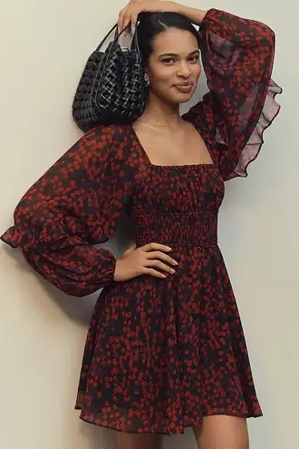 Hutch Anthropologie NEW Ruffle Puff Sleeve Flounce Smocked Romper Black Red S