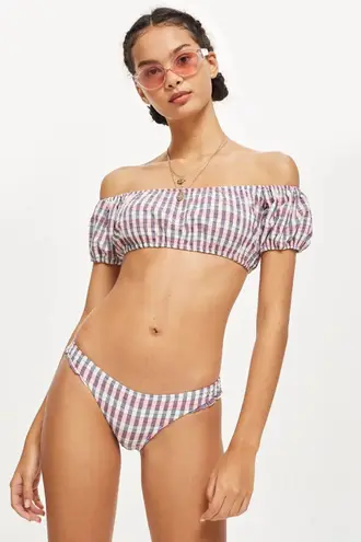 Topshop Pink White Grey Checkered Gingham Ruffle Hip Bikini Bottoms NEW