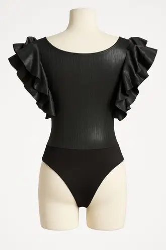 Black Metallic Ruffle Sleeve Bodysuit – Elegant Shimmer Top Chic Style (Size M) Size M