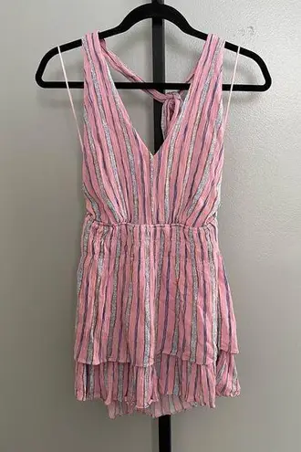 Day & Moon V Neck Smocked Striped Mini Dress Romper Size Small Pink