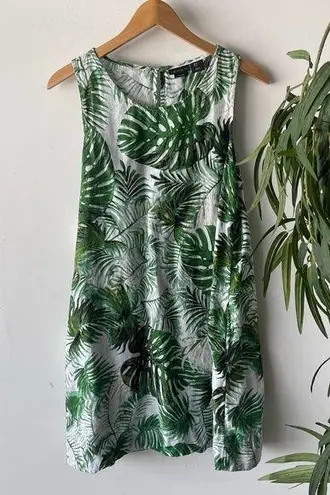 Tahari  Dress Womens Medium White Green Tropical Boho Palm Linen Summer