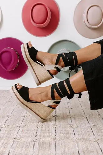 Soda Black Lace Up Wedge