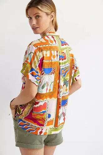 Maeve Anthropologie bon voyage loose maximalist short sleeve button down