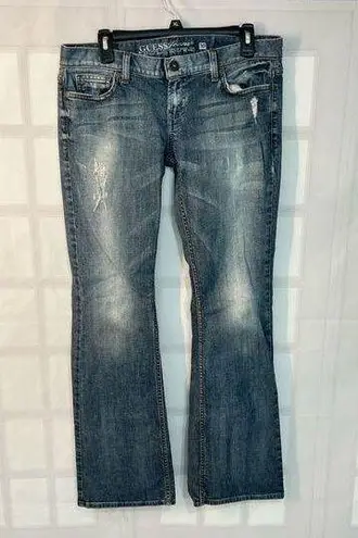 Guess  Blue Whiskered Faded Cotton Blended Foxy Flare Jeans Size 30