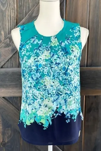 New York & Company Blouse Ombre Floral Pattern Pleated Neckline Zip Up Blue XS