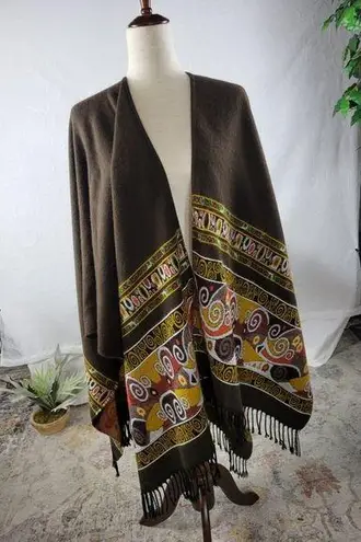 Womens Kimono Wrap Sweater 52"x 66" Brown Paisley Fringe Hem Elegant Scarves