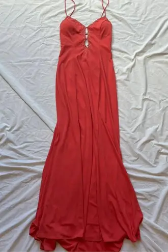 Niki by Niki Livas coral orange formal maxi dress gown with Yellow Gold Beads Size 8