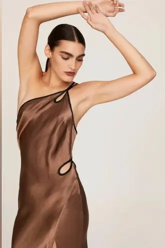 Bec & Bridge Kehlani Satin Maxi Dress High Side Slit Cut Outs in Chocolate sz 10