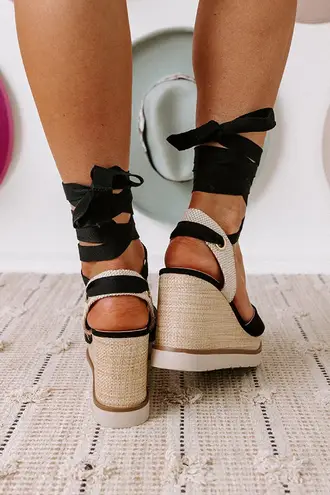 Soda Black Lace Up Wedge