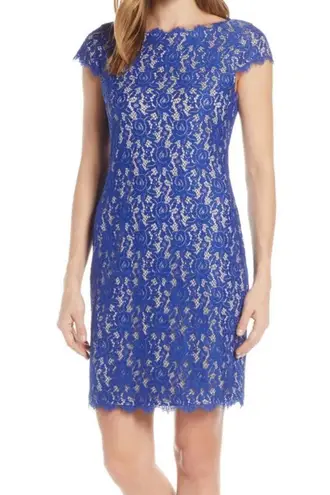 Eliza J Royal Blue Lace Cocktail Dress Size 12 Cap Sleeve Scalloped Hem Lined