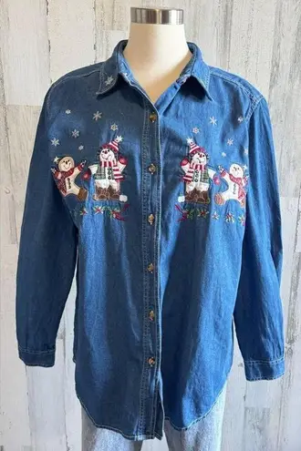 Vintage Snowman Denim Shirt large Embroidered Holiday Button