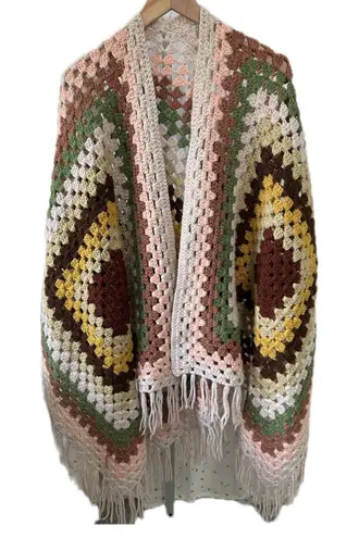 Handmade Crochet Granny Square Hexagon Fringe Earthy Open Cardigan One Size