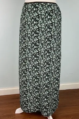 Vintage Blue  Maxi Skirt in Black Green All-Over Floral Side Slits Size Small