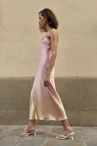 ZARA  midi dress maxi tie dye pink beige satin strapless wedding shower date