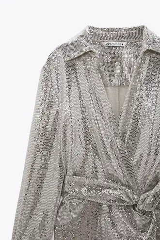 ZARA Silver Shiny Mini Bodycon Dress with Knot
