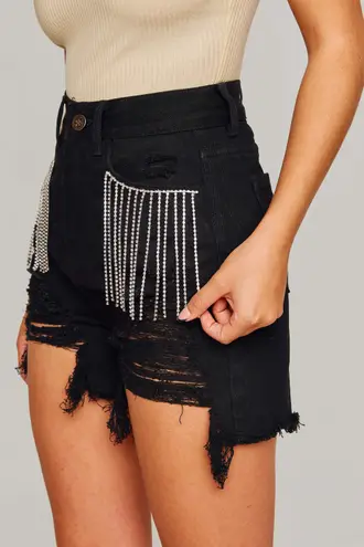 BuddyLove NWT Buddy Love ELVIS CRYSTAL FRINGE DENIM SHORTS - BLACK