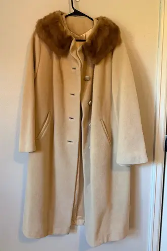 Vintage Dumas California Wool Coat Tan Cream Champagne Faux Fur Collar Large Size undefined