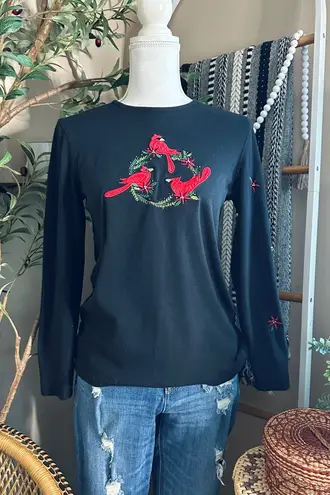 Vintage CB Casual Red Cardinal Embroidered Christmas Top – Size Small Black