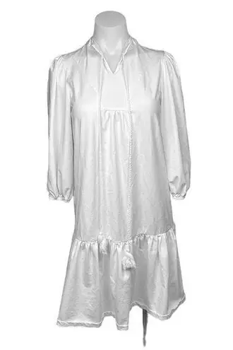Blank White Tassels 3/4 Puff Sleeve Tiered Peasant Cottage Midi Boho Dress Sz XS