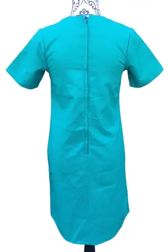 Vintage Handmade 60s Short Sleeve Shift Dress Textured Polyester Hign Neck Mod S Blue