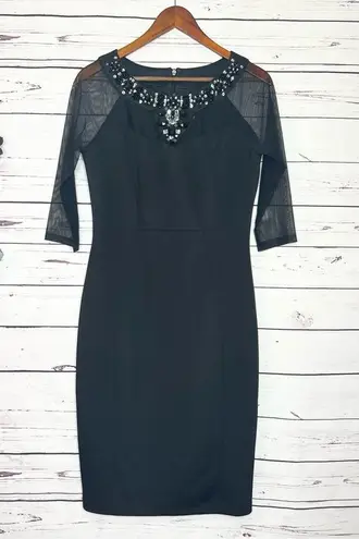 Sangria Black Sheer Sleeve Jeweled Neckline Midi Cocktail Dress Size 10 Large