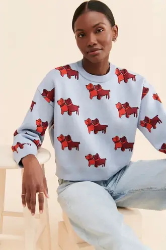 Anthropologie Find Me Now Toto Pullover Sweater Sky Blue Dog Print Size L Size L