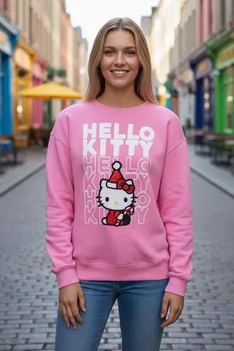 Sanrio Women’s Medium Pink Holiday Hello Kitty Pullover Sweatshirt