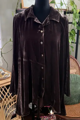 Lisa Bayne Chocolate Brown Crushed Velvet Button Up Tunic Top