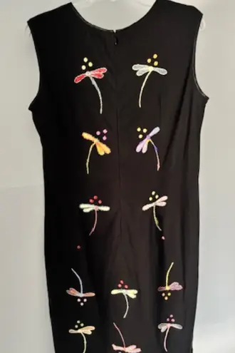 Pong Sheath Dress 12 Black Embroidered Dragonflies Artsy Whimsical Modern Boho