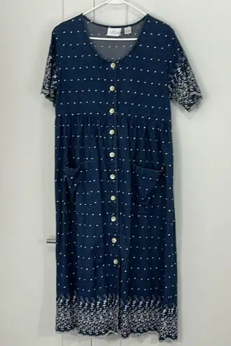 Vintage 90s GTG Small Blue Denim Midi Short Sleeve Momcore Dress w/Pockets