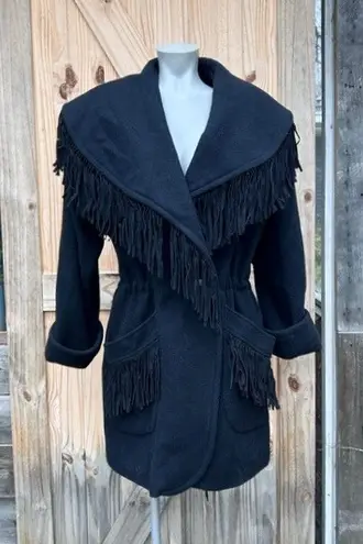 Vintage 80s Black Wool Suede Leather Fringe Concho Southwestern Coat~M~