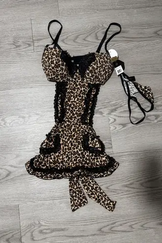 NWT Marilyn Monroe Intimates Leopard Print Teddy Corset Lingerie Set Medium Brown