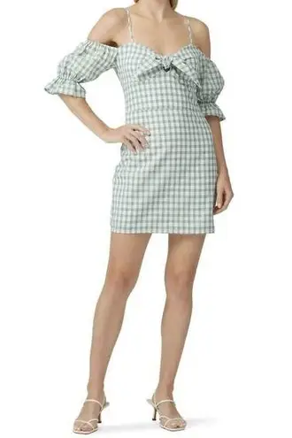 leRumi Mia Green Gingham Print Short Puff Sleeve Bow Front Mini Dress Size L Size L